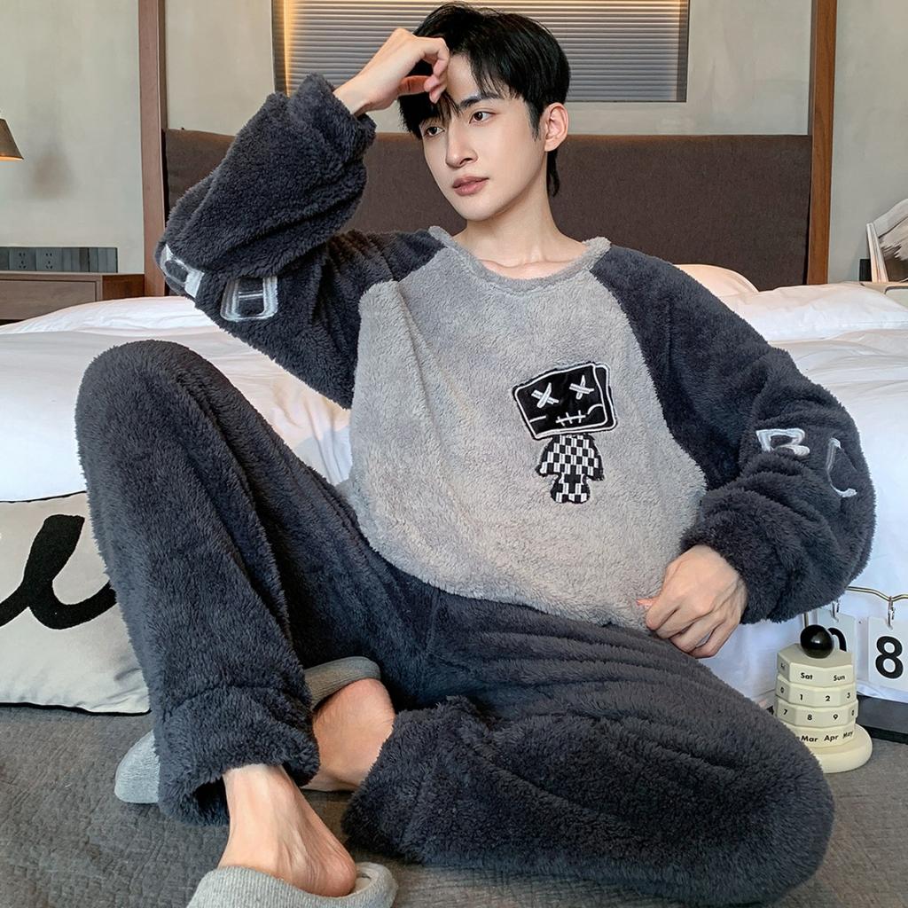 Зимняя одежда, коралловый флис, пижамы, мужская одежда, утепленный флис, круглый вырез, брюки с длинными рукавами, костюмы, домашняя одежда