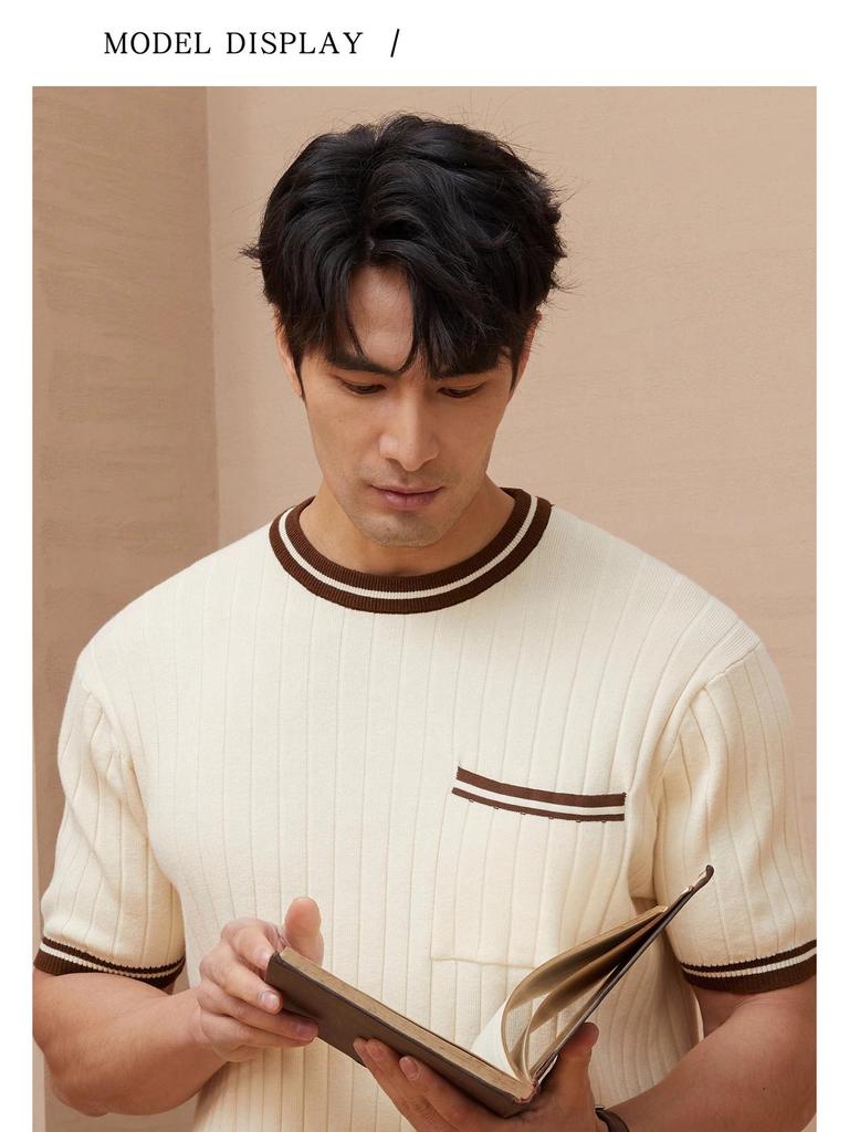 Мужская приталенная трикотажная футболка с коротким рукавом, цветными блоками и карманом - Летняя повседневная трендовая одежда