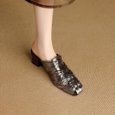 Мода 2025 Лето Новая Натуральная Кожа Ретро Полу-драг Мюли Женские Женские Высокий Каблук Квадратный Носок Повседневная Обувь Женские Шлепанцы