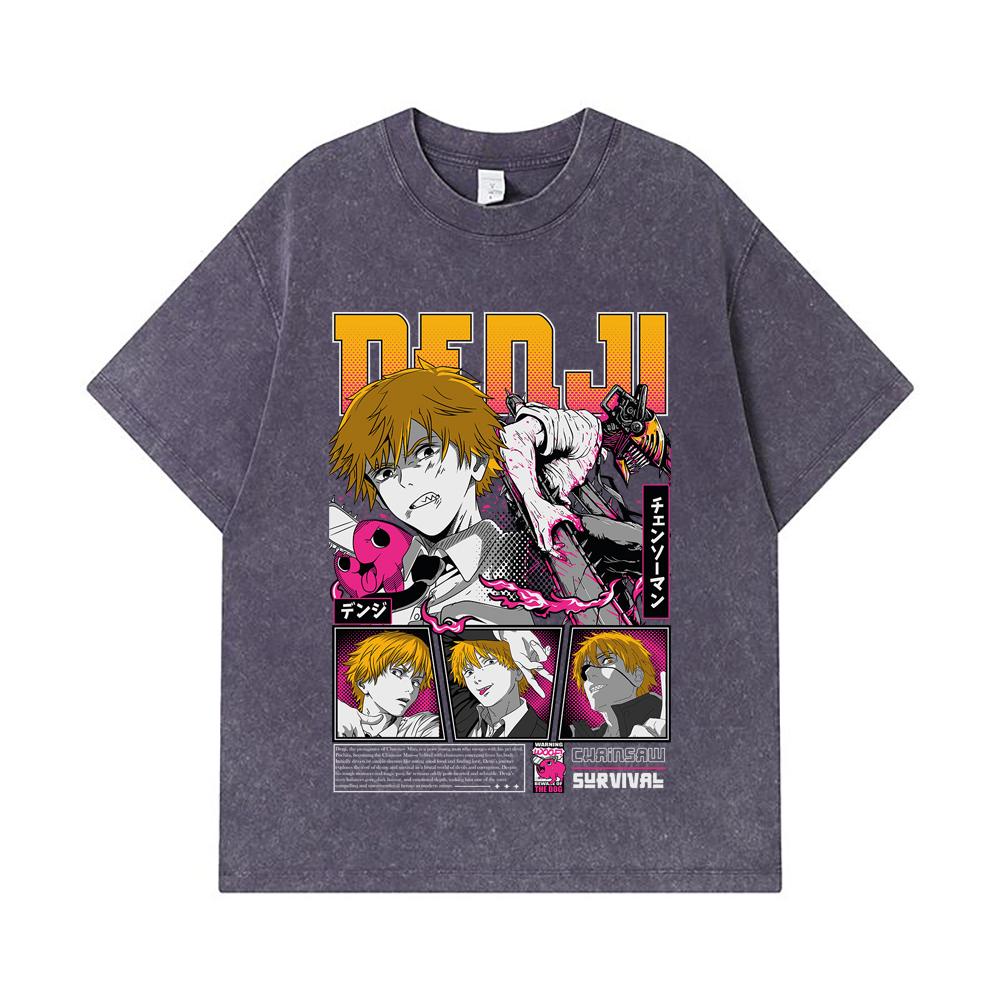 275 GSM Washed T-shirts 100% Cotton Chainsaw Man V35 Denji Pochita Print Unisex Heavy Cotton T Shirt