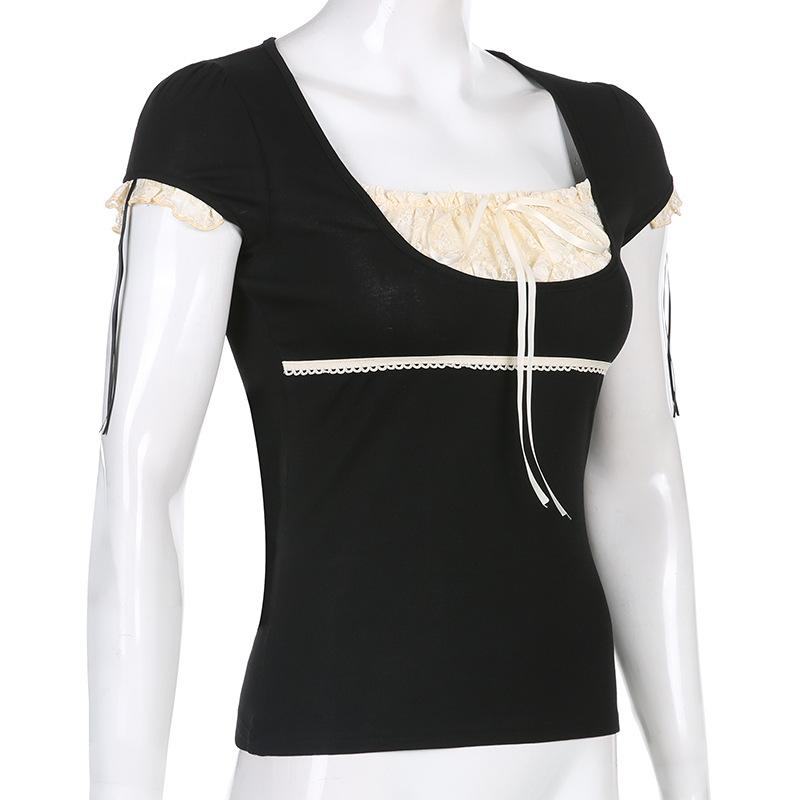 Summer Women T-Shirt Lace Square Collar Short Sleeve Bow Decoration Short Tops