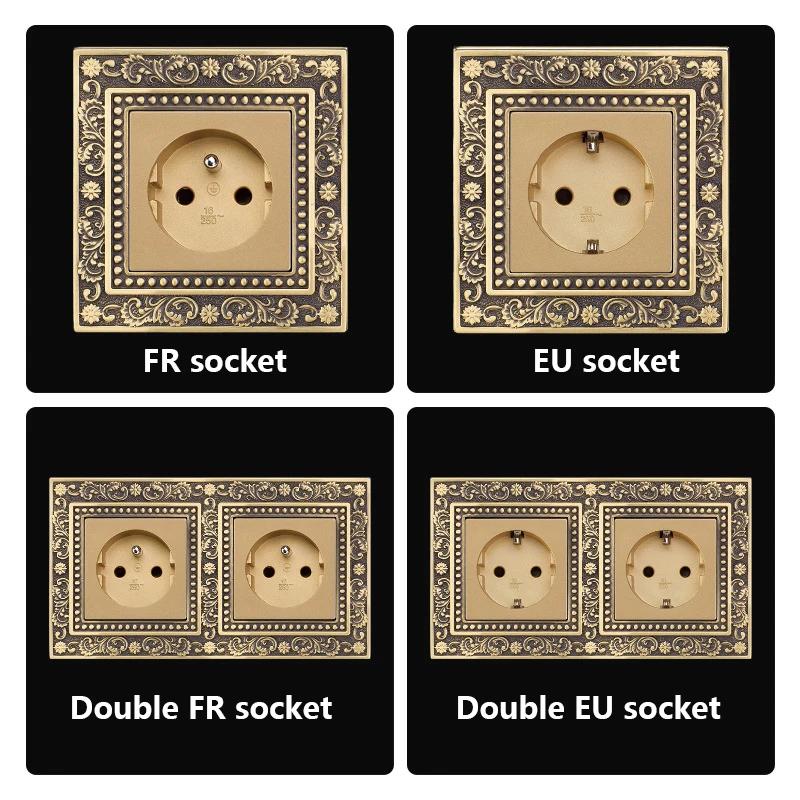 Luxury European Retro Metal Button Switch panel,EU France Standard Copper Wall socket,Universal Light Home Switch Power Outlet