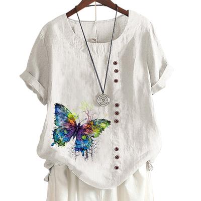 Женский повседневный хлопковый топ с милым цветочным принтом, 6 узорами, круглым вырезом, короткими рукавами