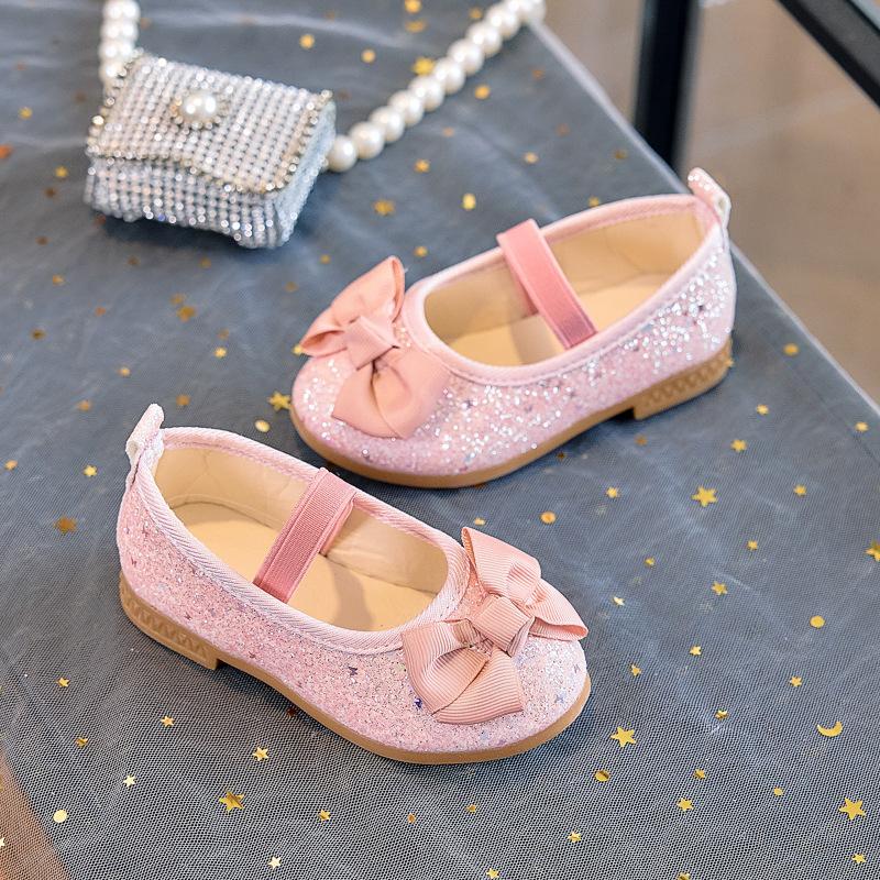 Spring and Autumn Girls' Fashionable Shallow Mouth Sequined Bow Breathable and Comfortable Soft-soled Leather Shoes