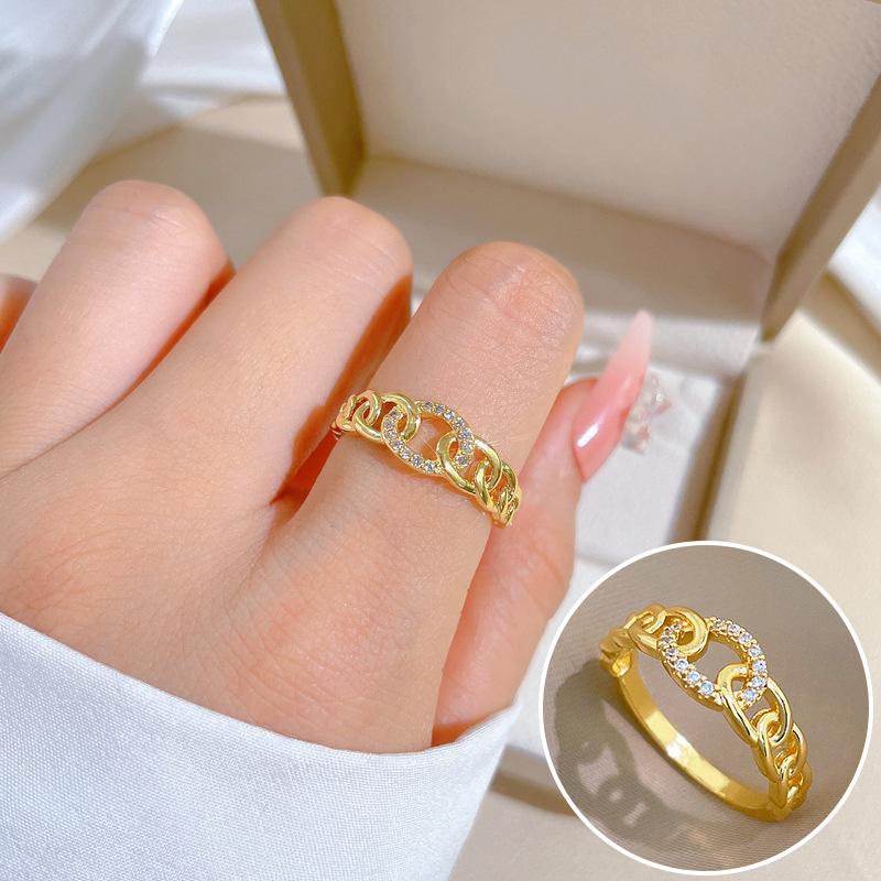 Кольцо из настоящего золота, роскошная цепочка, полностью инкрустированное бриллиантами, открытое, регулируемое, простые украшения, японское кольцо, парное кольцо