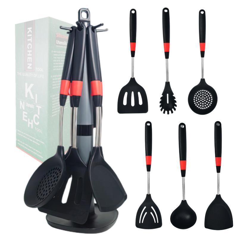 Набор силиконовой посуды с антипригарным покрытием: Жаропрочные лопатки, суповая ложка, лопатка для жарки, ложка для риса.