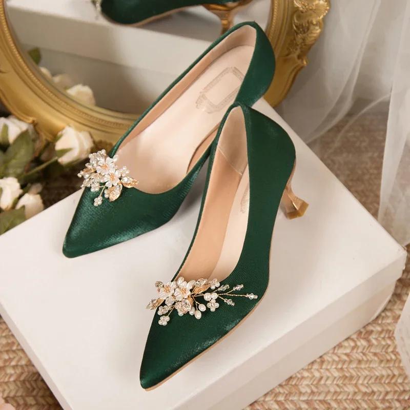 Fashion Luxury Women's Crystal Floral Pumps Spring 2025 Comfortable Med Heels Pointed Toe Party Wedding Shoes Woman Green Silk Pumps 41