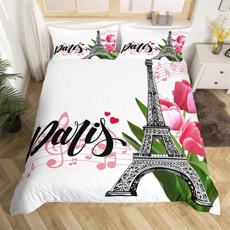 Paris Eiffel Tower Duvet Cover Set Twin King Cherry Blossoms Comforter Cover Microfiber Romantic Theme Bedding Set For Girl Teen
