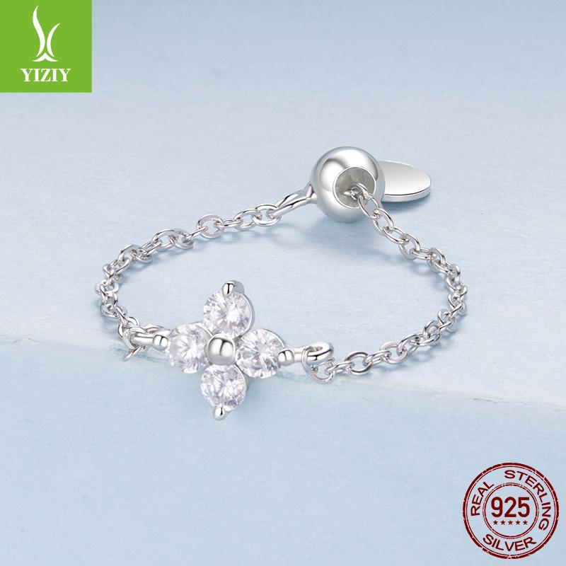 S925 Sterling Silver Four Leaf Clover Lucky Chain Ring Adjustable Cold Premium Wind Ring