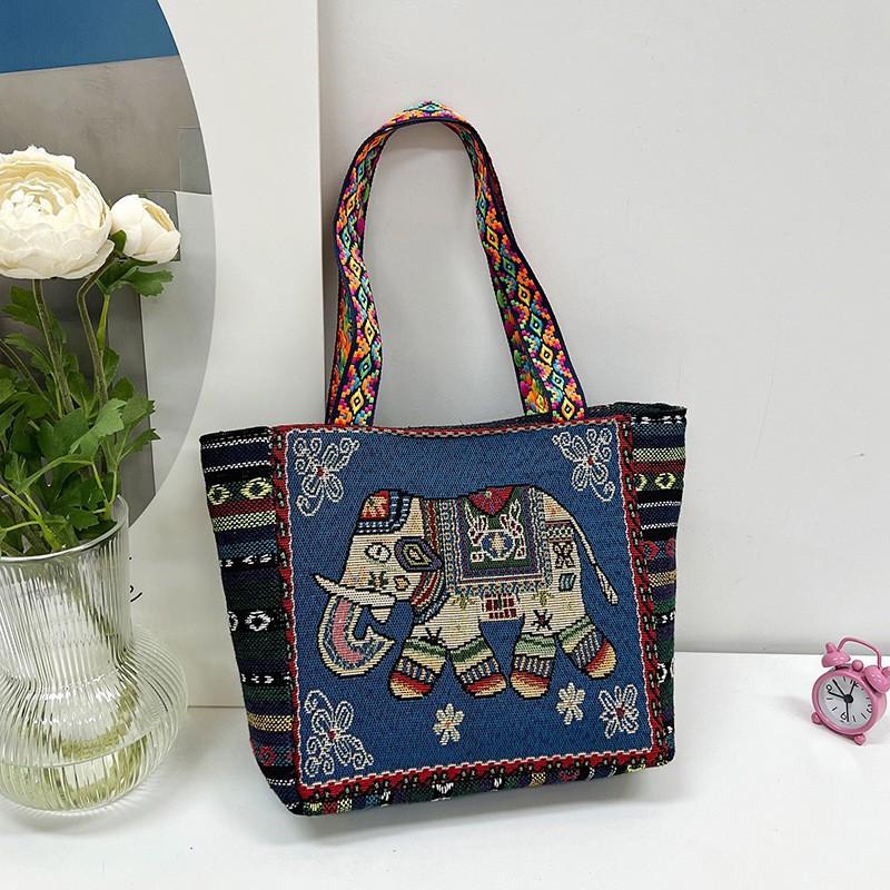 New Ethnic Style Shoulder Bag Office Handbag Student Canvas Embroidery Elephant Casual Travel Storage Tote Bag For Women