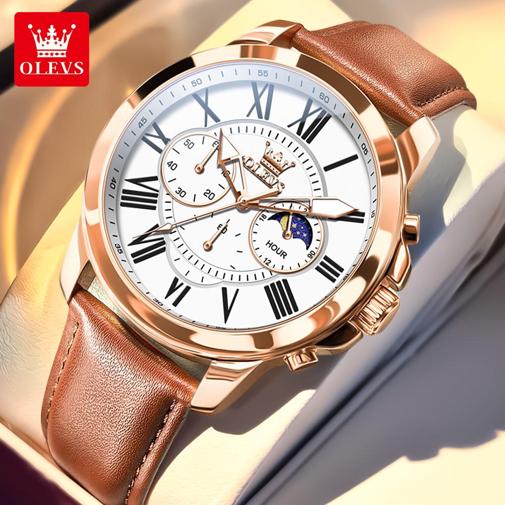 OLEVS Men's Watches Casual Fashion Leather Strap Original Quartz Wristwatch for Man Waterproof Luminous Moon Phase Big Dial 3632