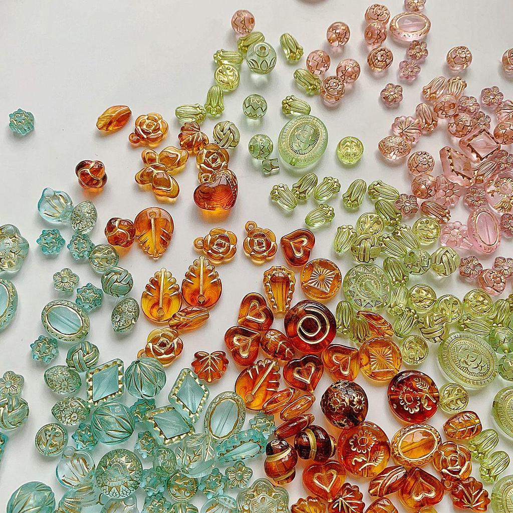 50g Mixed Vintage Gilt Czech Acrylic Beads: Amber, Powder Blue, Butterfly, Heart for DIY Beading