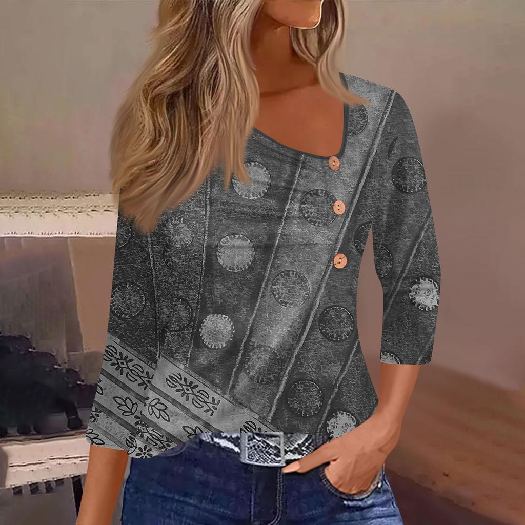 Women's T Shirt Tee Print Button 3/4 Sleeve Daily Weekend Fashion Basic Regular Top