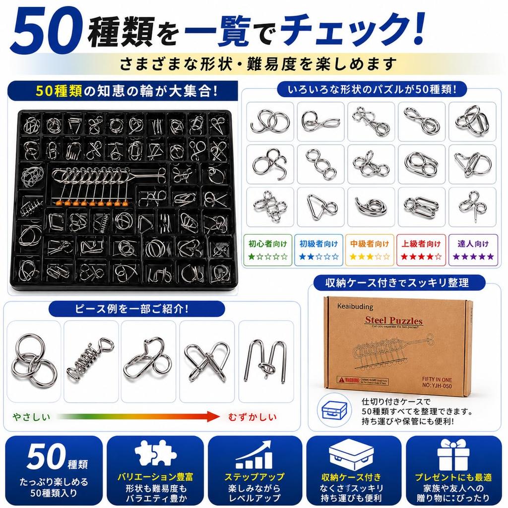 Brain Puzzle Set of 50 Metal Puzzles Brain Training for Adults and Children Time Killer Metal IQ Puzzle Ms.0 - - -
