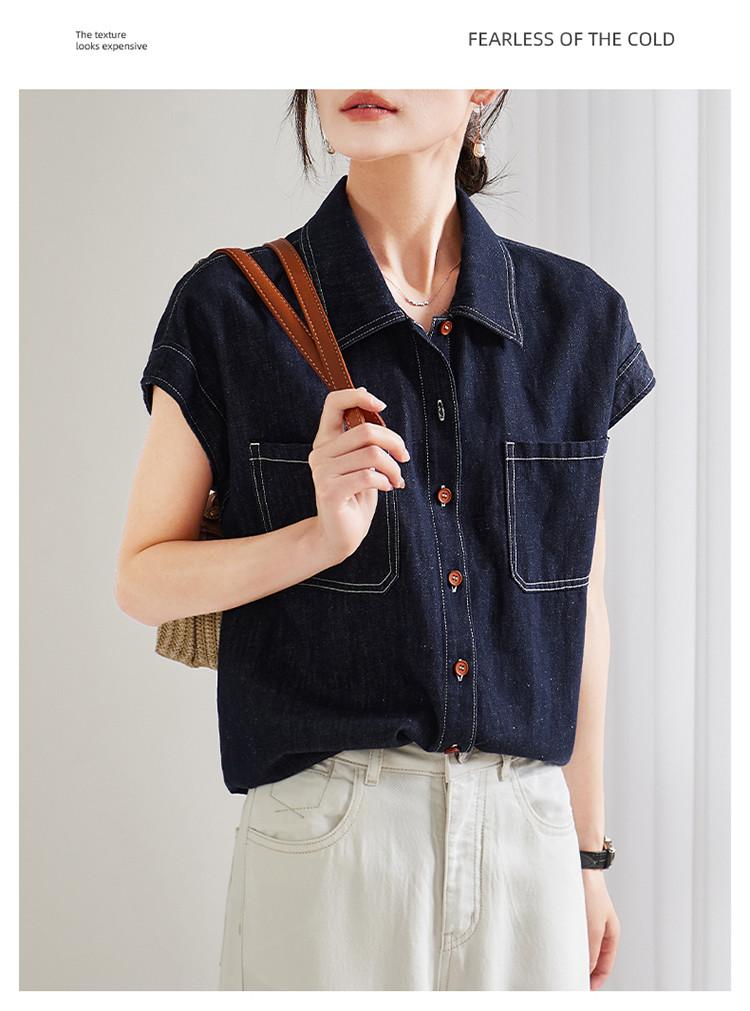 Mingxian Design Sense Double Pocket Short-sleeved Cowboy Shirt for Women