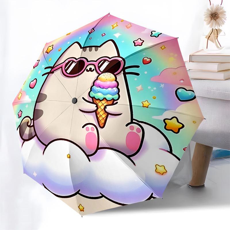 Kawaii Cat, Ice Cream DreamThemed Automatic Opening and Closing umbrella 8 Ribs, Suitable for Leisure and Going Out, Outdoor Accessory, Go