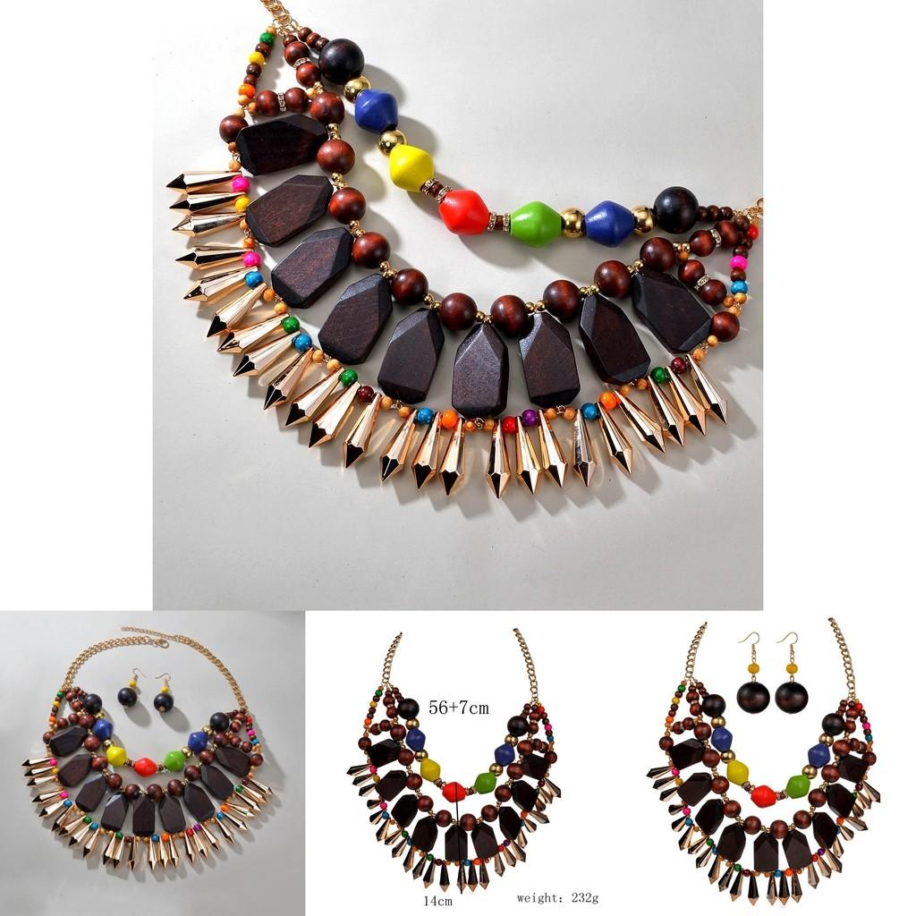 Unique Irregular Wooden Bead Necklace And Earrings Set With Sparkling Rhinestones For Summer Outfits