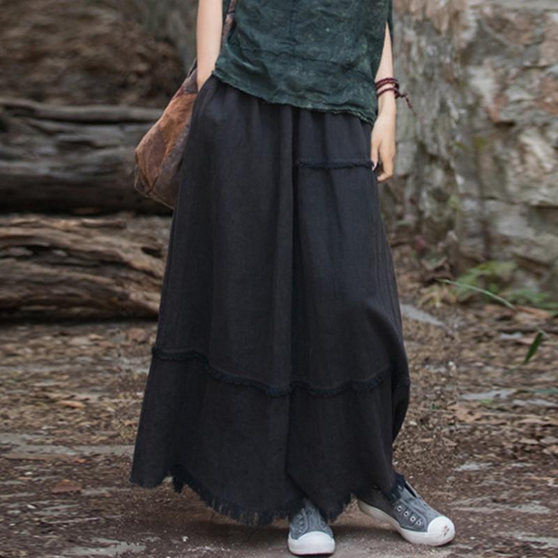 Johnature Women Vintage A-Line Skirts Cotton Linen Solid Color Elastic Waist Skirts Autumn Patchwork Casual Skirts