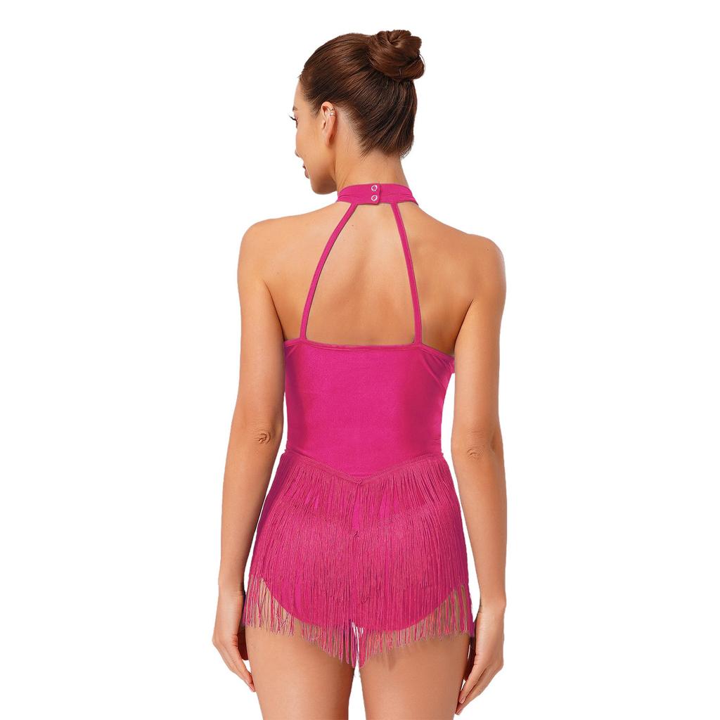 Женский костюм для латиноамериканских танцев без рукавов с открытой спиной, с цветными блоками, блестящими пайетками и кисточками, купальник