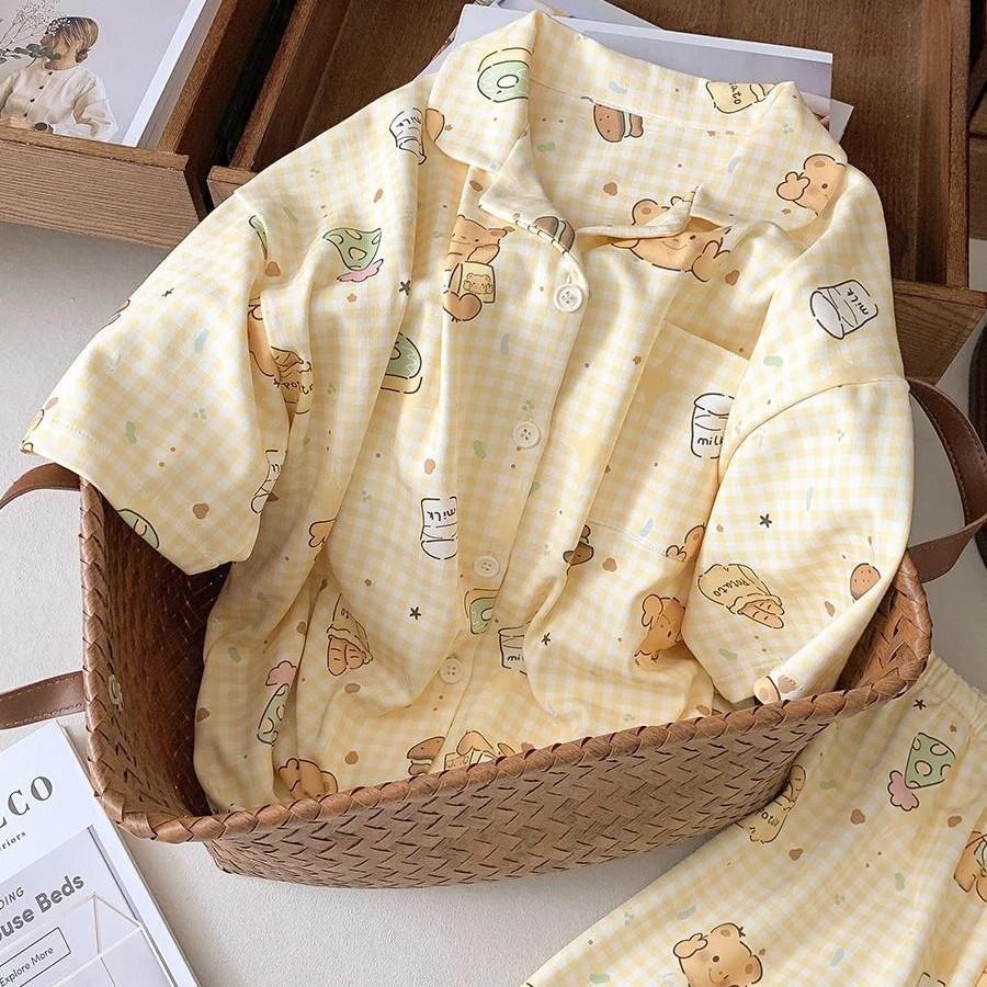 Japanese soft cute yellow plaid bear pajamas women's summer short-sleeved shorts cardigan set loungewear girl two-piece set