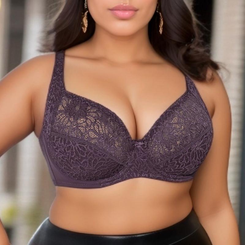 1Pc Plus Size Women's Ultra-Thin Semi-Transparent Lace Sexy Breathable Steel Ring Bra, French Elegance C D E Cup