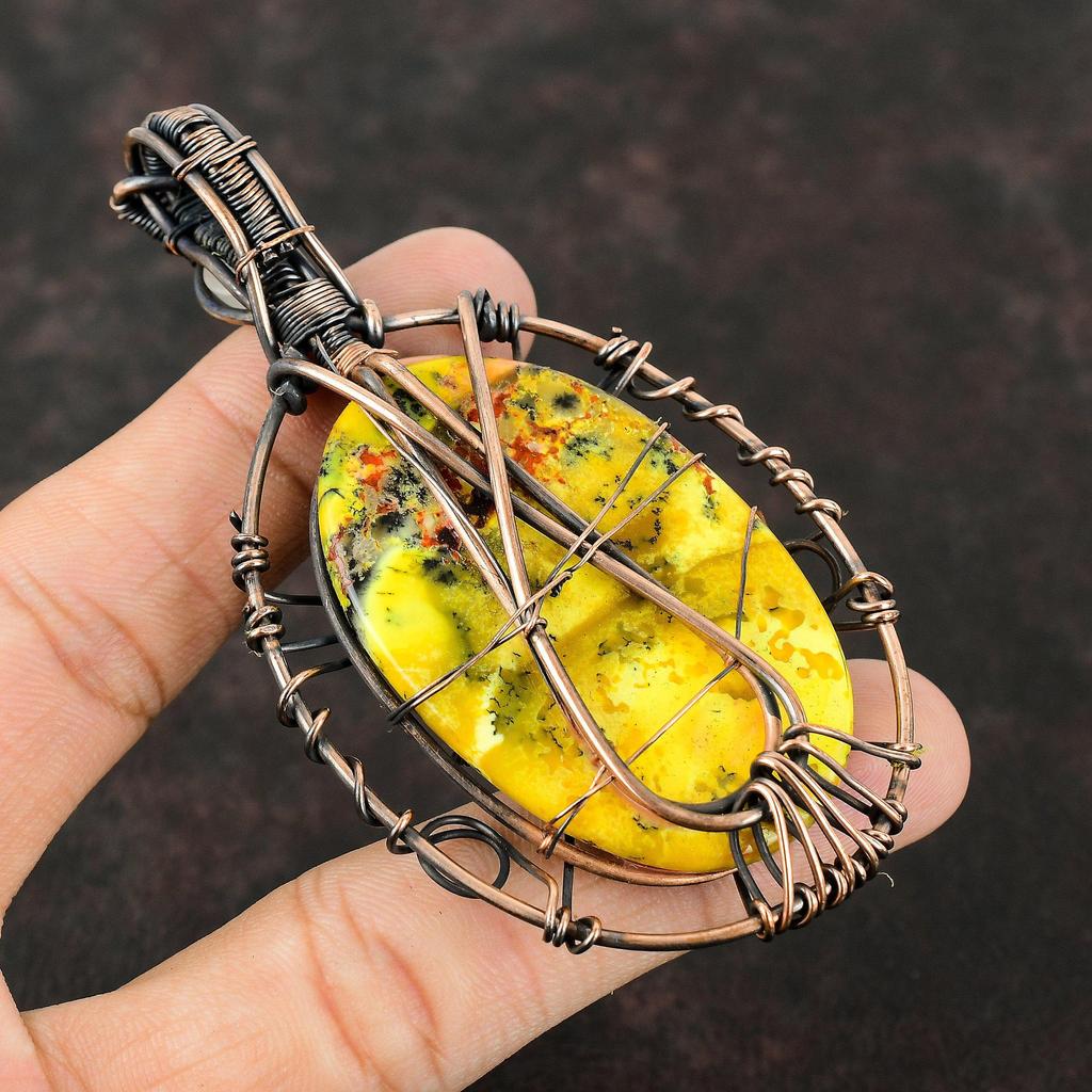 Сглаз Желтый Дендрит Опал Кулон Медная Проволока Обернутый Кулон Радуга Лунный Камень Ювелирные Изделия Из Драгоценных Камней Кулон Ручной Работы Ювелирные Изделия Из Проволоки Сглаза
