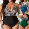 Plus Size Bikini Leopard Print One Piece Swimsuit Women Sexy Deep V-Neck Floral Print Bikini Swimwear Beachwear Tankini