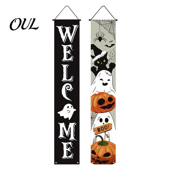 Durable Fabric Banner Halloween Porch Sign Banner, Pumpkin Ghost Party Awning Hanging Wall Decorative Holiday Door Decoration, Front Wreath