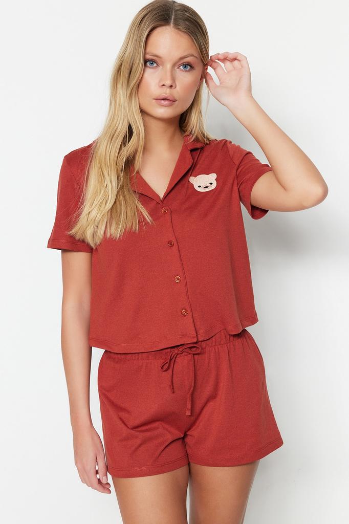 Women's Fashion New Pajama Set Cinnamon 100% Cotton Teddy Bear Embroidered Shirt-Shorts Knitted Pajama Set