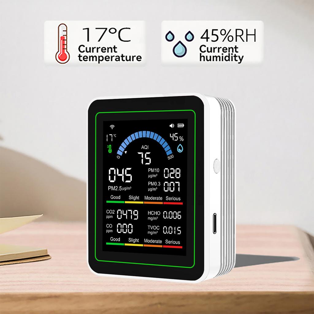 Детектор качества воздуха для PM2.5 PM10 CO AQI CO2 TVOC HCHO Темп Тестер качества воздуха для PM2.5 PM10 CO AQI для дома офиса завода