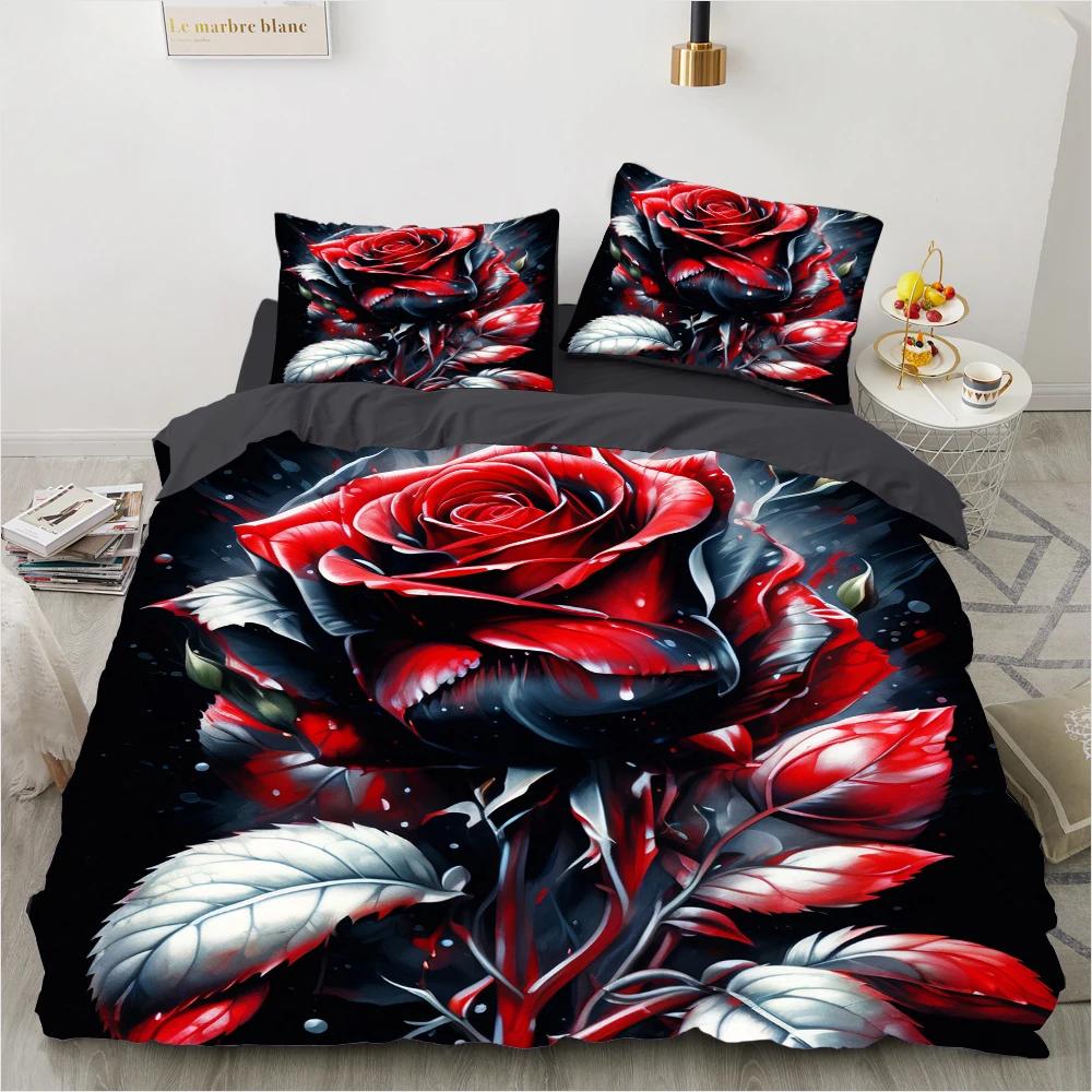 Комплект пододеяльника с красными розами размера Queen King Full 3D Комплекты постельного белья Цветочная наволочка Чехол для одеяла/пододеяльника Наборы постельного белья Постельное белье Кровать 140x200