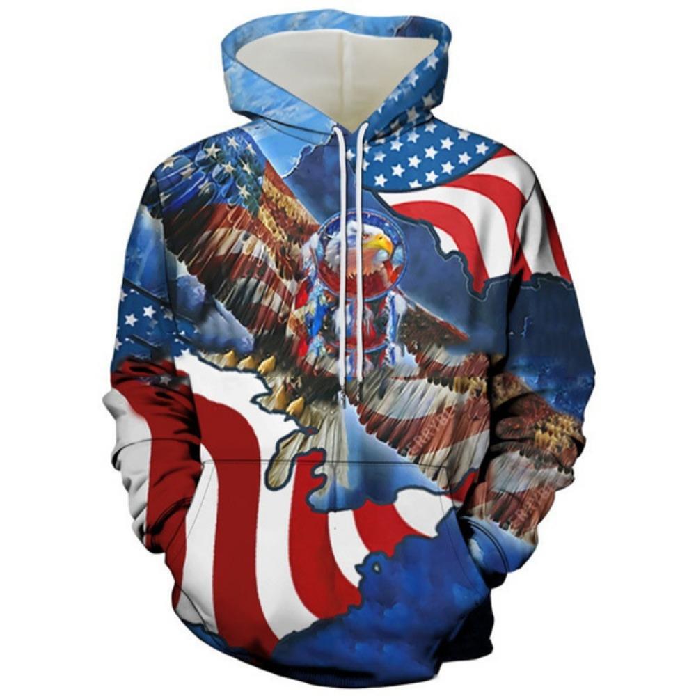 Мужская толстовка с капюшоном Hot Style с принтом флага США Cool Eagle Printed Hooded Sweatshirt Trendy Personality Hoodie Men's Long-shirts Casual Tops