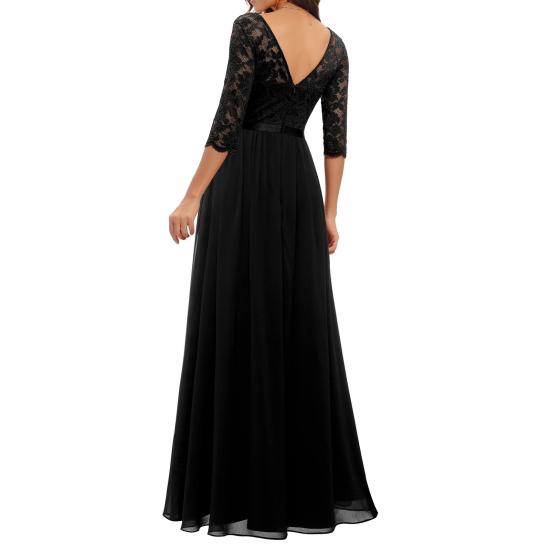 Women V-neck 3/4 Sleeve Gown Dress Crochet Lace Mesh Stitching High Waist A-Line Maxi Dress Backless Solid Color Long Dress