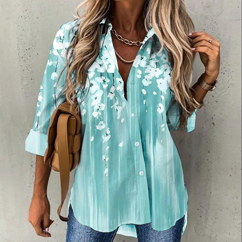 New Fashion Vintage Floral Printed Plus Size Shirt Women Spring Long Sleeve Tops Button Up Casual Blouses Women Slim Office Lady Loose Shirts 26612