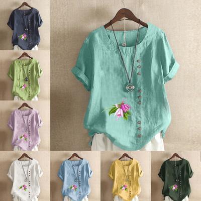 Женская новая модная льняная рубашка с круглым вырезом и коротким рукавом с цветочным принтом, летняя женская повседневная блузка больших размеров, топы