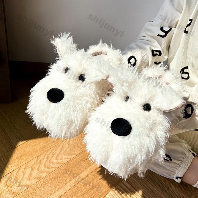 Women Cute Puppy Cotton Slippers 2025 Winter Soft Indoor Warm Slippers Woman Non-Slip Plush Soft Soled Flat Home Cotton Slippers