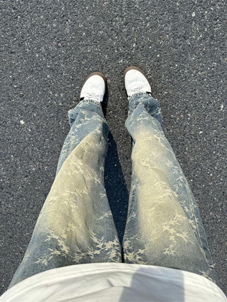 Женские синие жаккардовые джинсы широкого кроя - Ретро весенний дизайн со свободной, стильной посадкой