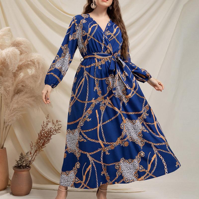 Весенне-осеннее женское платье больших размеров с принтом, темпераментное, с V-образным вырезом, с золотой цепочкой и завязкой на талии, длинное платье