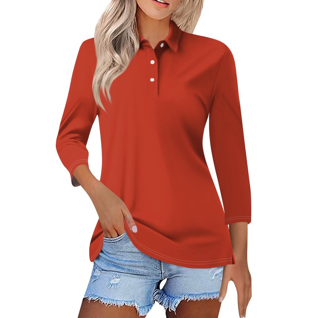 Women's Fashion Casual Lapel Short 3/4 Sleeve Solid Color Shirt Women's Button Up Tops