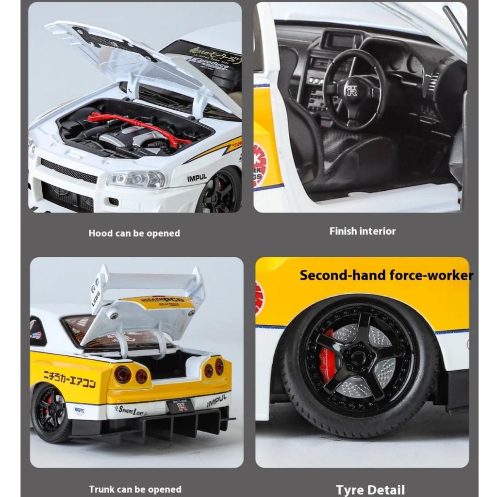1/24 Scale Cool Nissan GTR Alloy Sports Car Model, Simulated Interior Details, Cool Lighting and Sound Effects, Four-wheel Shock Absorption