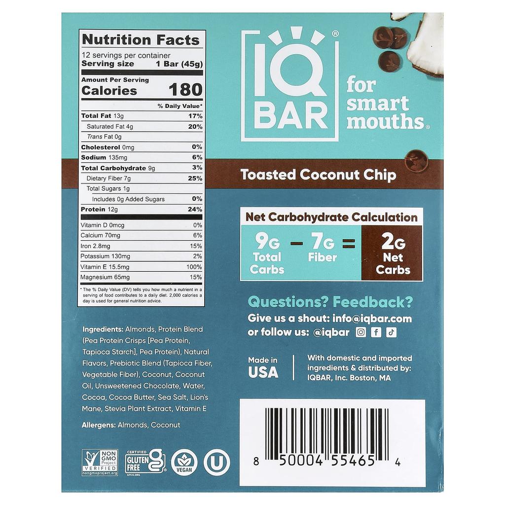 IQBAR Plant Protein Bar, Toasted Coconut Chips, 12 Bars, 45g (1.6oz) Each