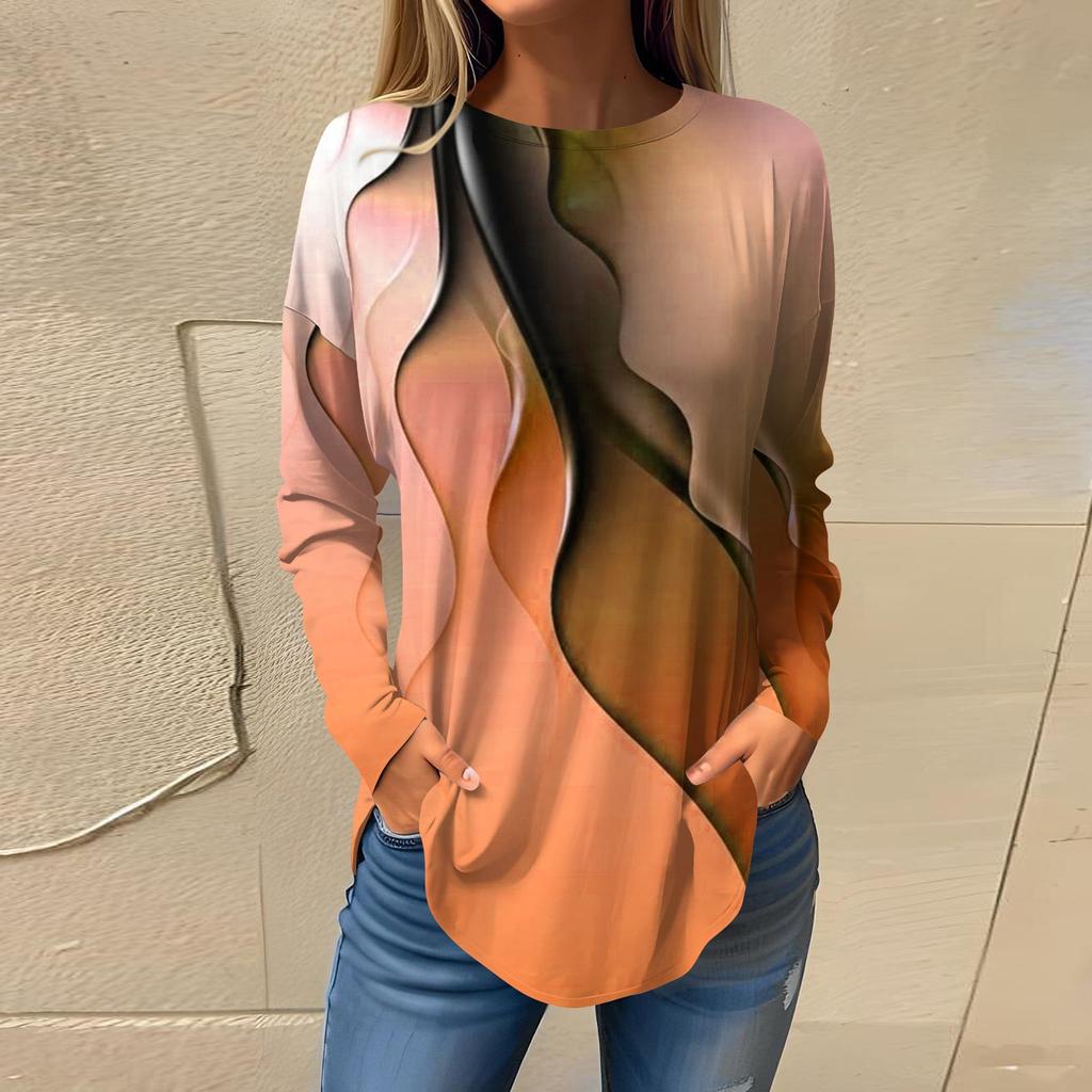 Женская свободная футболка с длинным рукавом с круглым вырезом и принтом, верхний пуловер