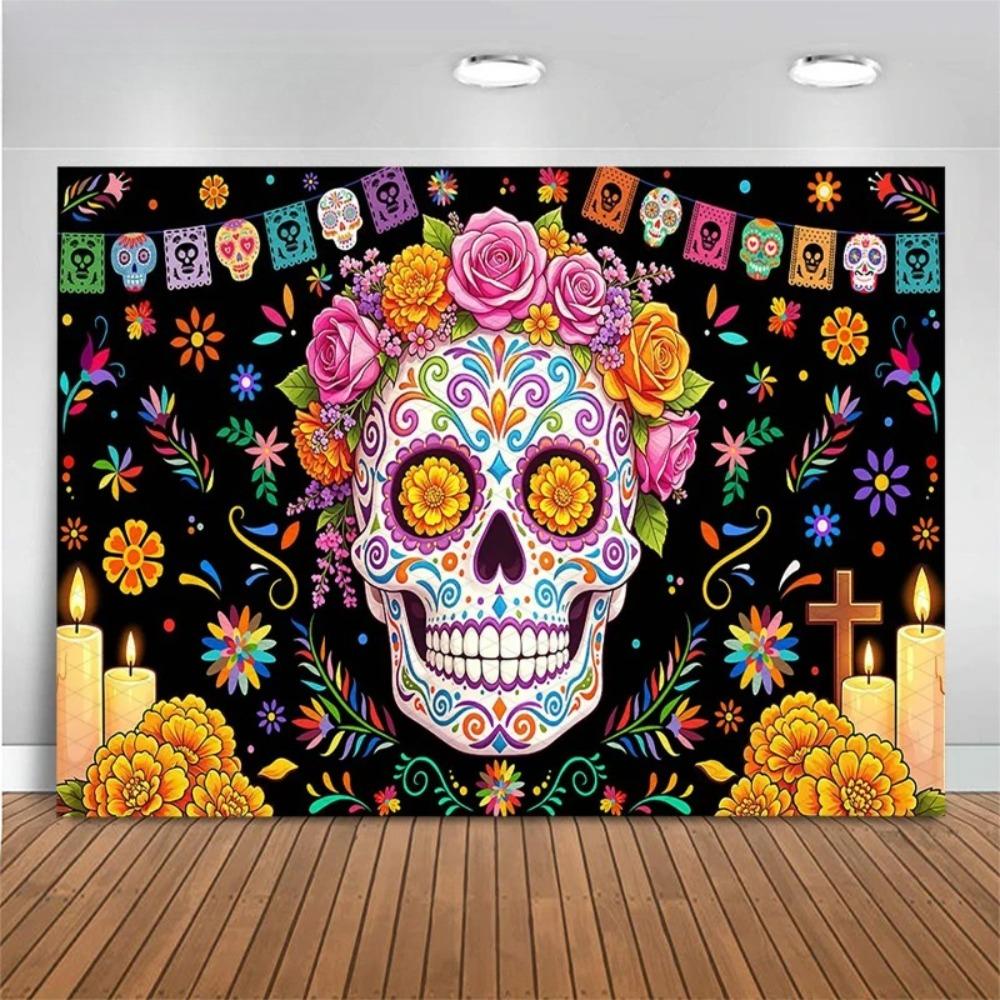 Mexican Colored Sugar Skeleton Marigold Theme Banner Decoration Backdrop Halloween Party Home Decoration Photography Backdrop