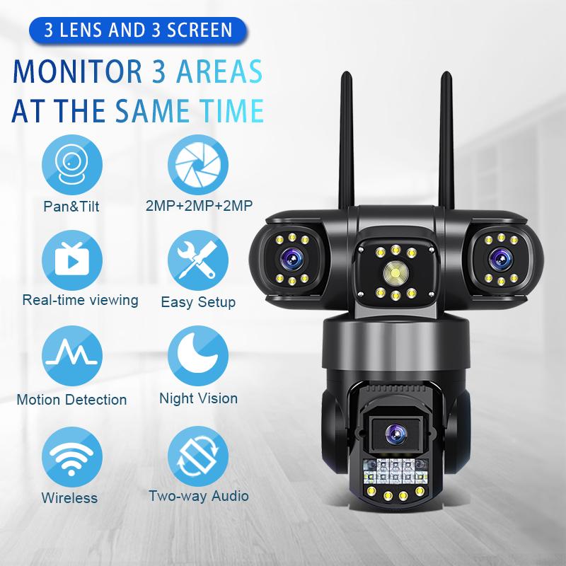 WIFI IP 8K 15MP HD Three Lens PTZ Outdoor Motion Detection Security Camera Waterproof Surveillance CCTV V380