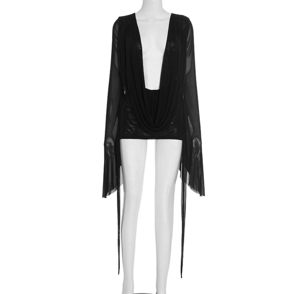 Новое женское сетчатое платье-трапеция с воротником-хомутом, открытой спиной и длинными рукавами, повседневное европейско-американское платье для вечеринки