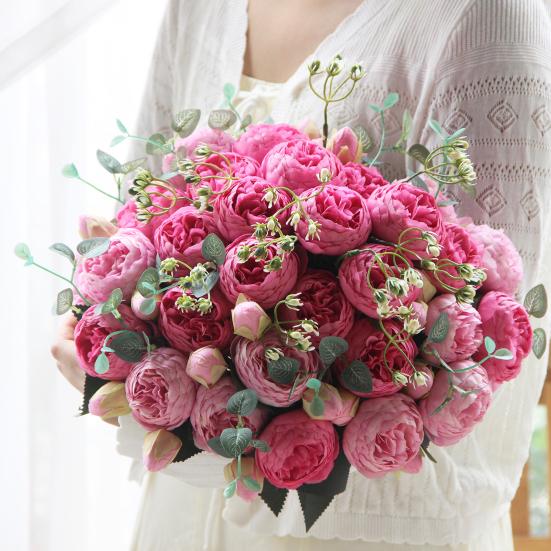 Искусственные Пионы Цветы с 5 Головками Цветов и 4 Бутонами Букет из Искусственных Пионов Цветочная Композиция для Вазы Дома Декор Богемная Свадьба Центральный Элемент Стола