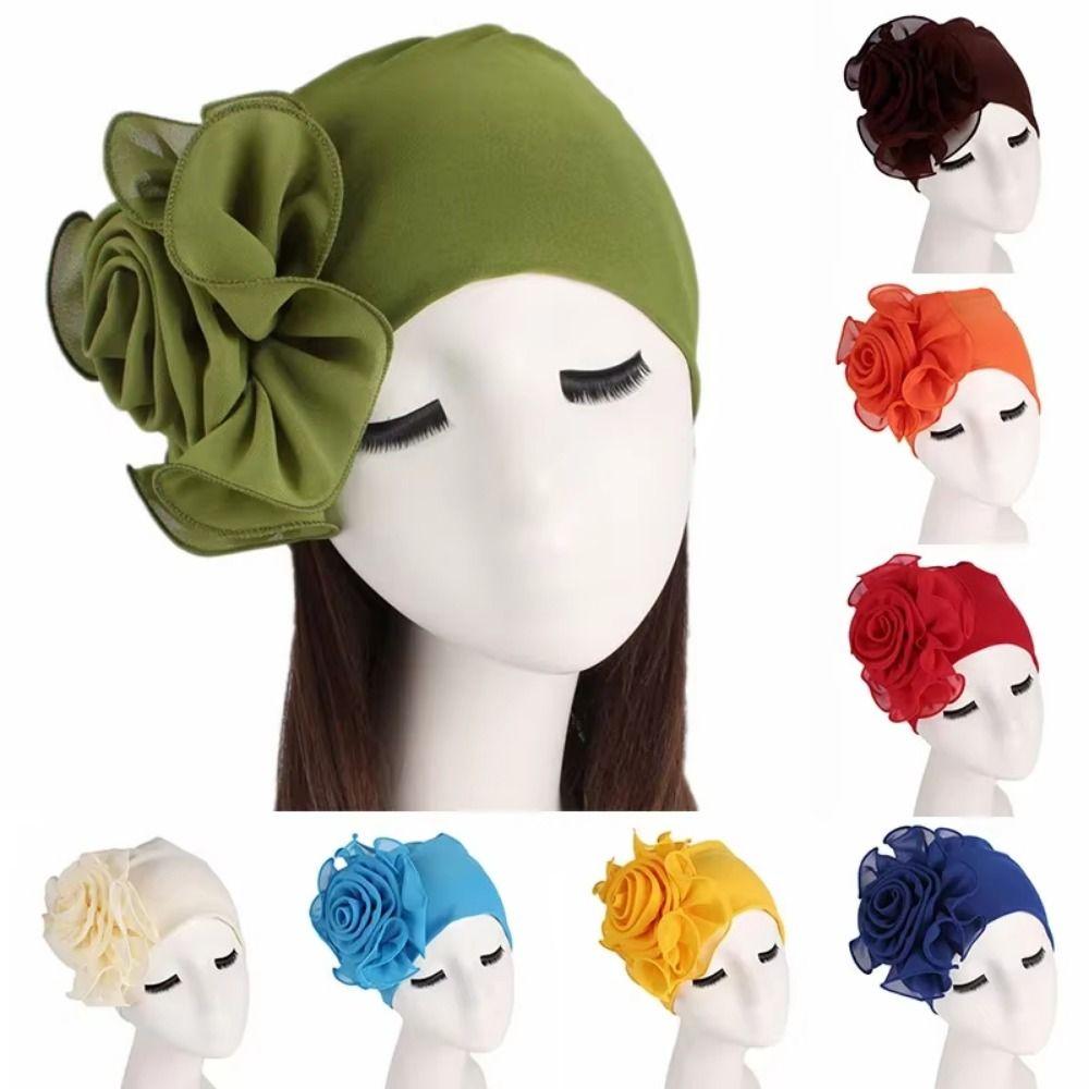 Big Flower Women's Turban Cap Elastic Head Wrap Cap Islamic Headscarf  Hair Accessories