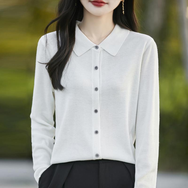 Тонкий кардиган из мериносовой шерсти с воротником поло - Коллекция Весна 2025, Однотонный, Свободный крой, Универсальная верхняя одежда.