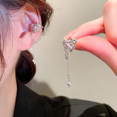 Корейская серьга-клипса с кисточкой в форме сердца и звезды из циркона — простой и стильный дизайн для женщин