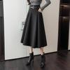 Coffee Elegant Fashion Winter Warm Wool Skirt Women High Waist Casual Big Swing Mid Long